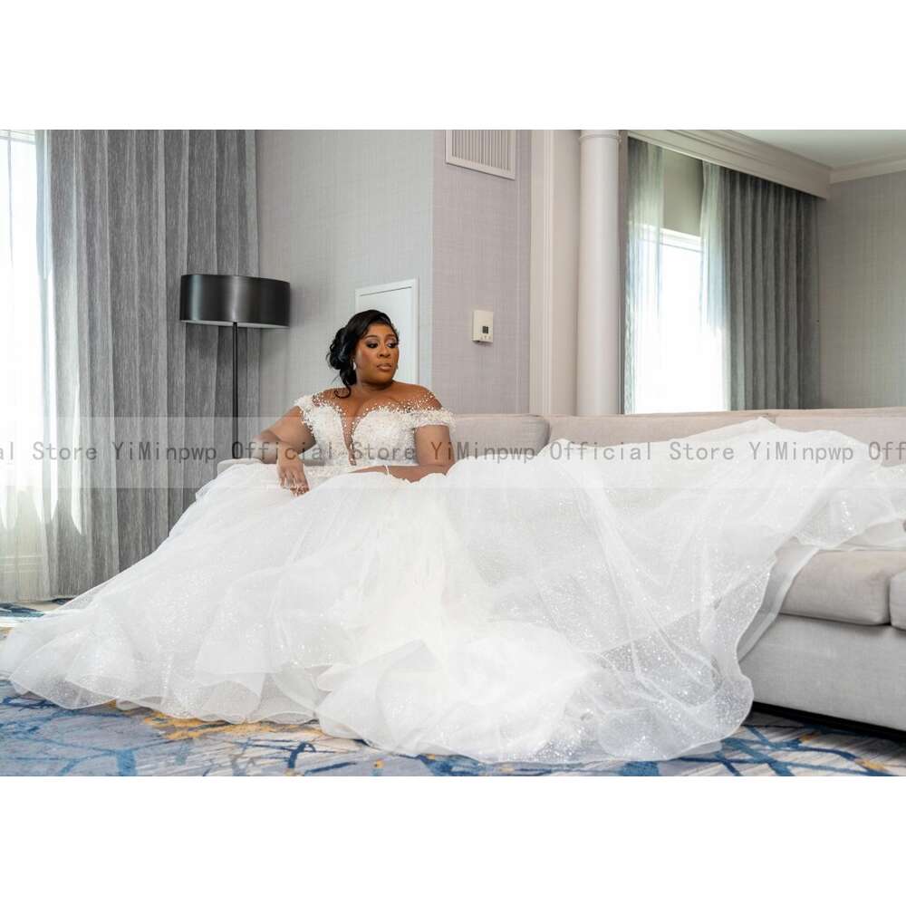 special Dresses for Bride 2024 Sheer Neck Lace up Back Mor Beading Sequins Pearls Plus Size Women African Bridal Gowns
