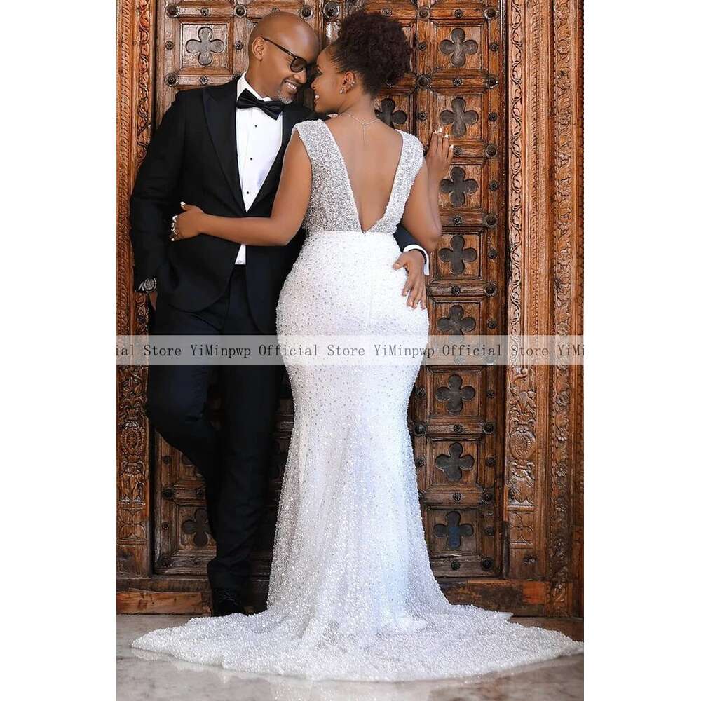 Mermaid Boho Dresses V Neck Backless Sweep Train Pearls Sequin Bridal Gowns After Special Reception Dress For Bride