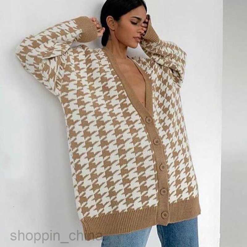 Women's Sweaters Autumn/Winter New Loose Bird Checker Long sleeved Single breasted Contrast Sweater Cardigan Coat for Women
