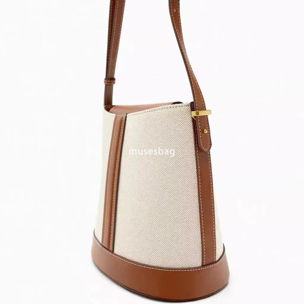 Neutral Wind Canvas Women Bag Spring and Autumn New Product Handheld Large Capacity Canvas Colored Spliced Shoulder Crossbody Water Bucket Bag for Wom