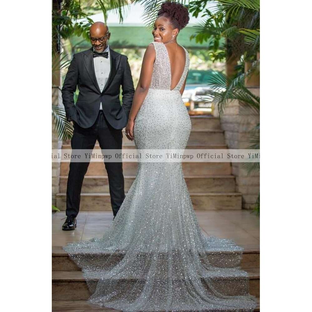 Mermaid Boho Dresses V Neck Backless Sweep Train Pearls Sequin Bridal Gowns After Special Reception Dress For Bride