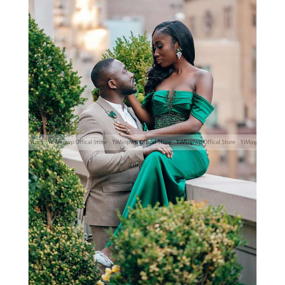Green African Prom Dresses For Black Girls Off Shoulder With Overskirt Beading Pleats Formal Evening Party Gowns Robes De Soriee Mal