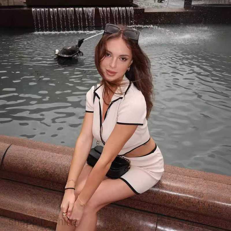 Two Piece Dress Sets Summer Women's Short sleeved Black Contrast Edge Knitted Cardigan Hip Wrap Short Skirt Set