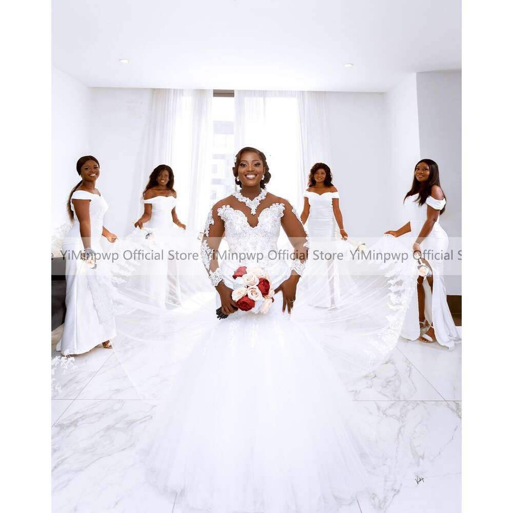 African White Mermaid Wedding Dresses for Bride O Neck Long Sleeve Appliques Crystal Country Bridal Gowns robes de mariee