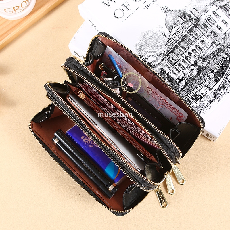 Western style women's high-end long minimalist wallet with double layered and double zippered large capacity handbag multifunctional and fashiona