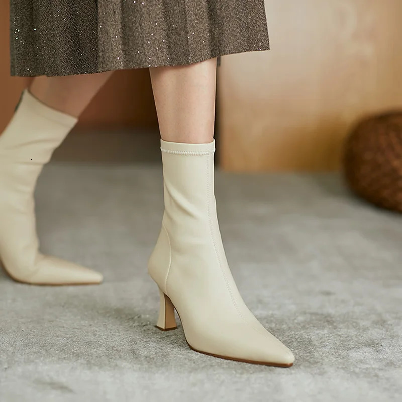 Women Pointy Brown Soft Leather Brown Elastic Boots Famele Stiletto Heels Shoes Ladies Ankle Boots Back Zipper Boots 240617