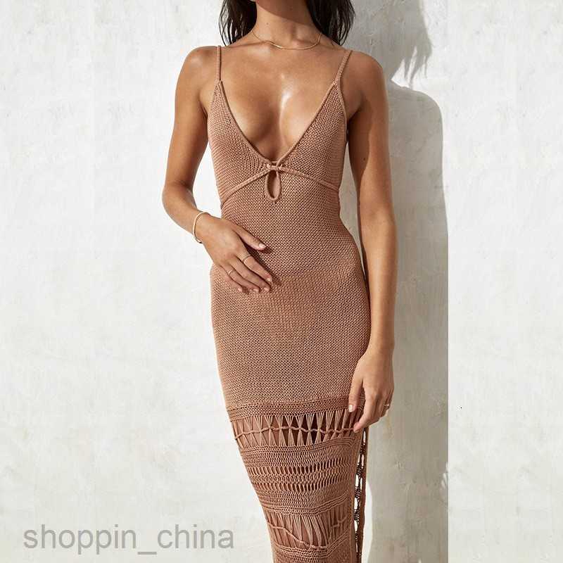 Basic Casual Women Dresses Summer New Beach Skirt Women's Solid Color Sling Knitted Hollow Waist Fringe Mid length Skirt Swimwear Cover Up