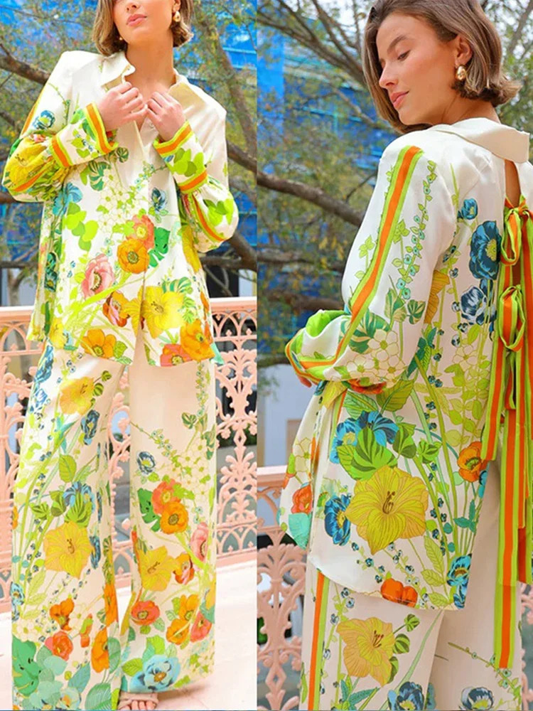 Women Causal Satin Floral Print Pants Set Fashion Lapel Back Hollow Lace Up Long Sleeve Buttons Shirt Suit Lady Street Outfit 240617 - view 6