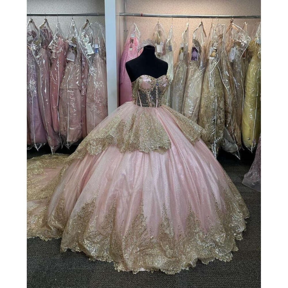 Gillter Pink Ball Gown Quinceanera Long Sparkly Off Shoulder Sweet 16 Dress Vestido De 15 Anos Lace-Up Corset 0603