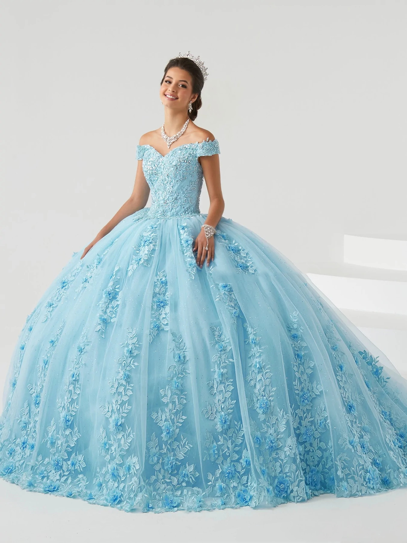 Sky Blue Mexican Quinceanera Dresses Ball Gown Off The Shoulder Appliques Pearls Puffy Charro Sweet 16 Dresses 15 Anos
