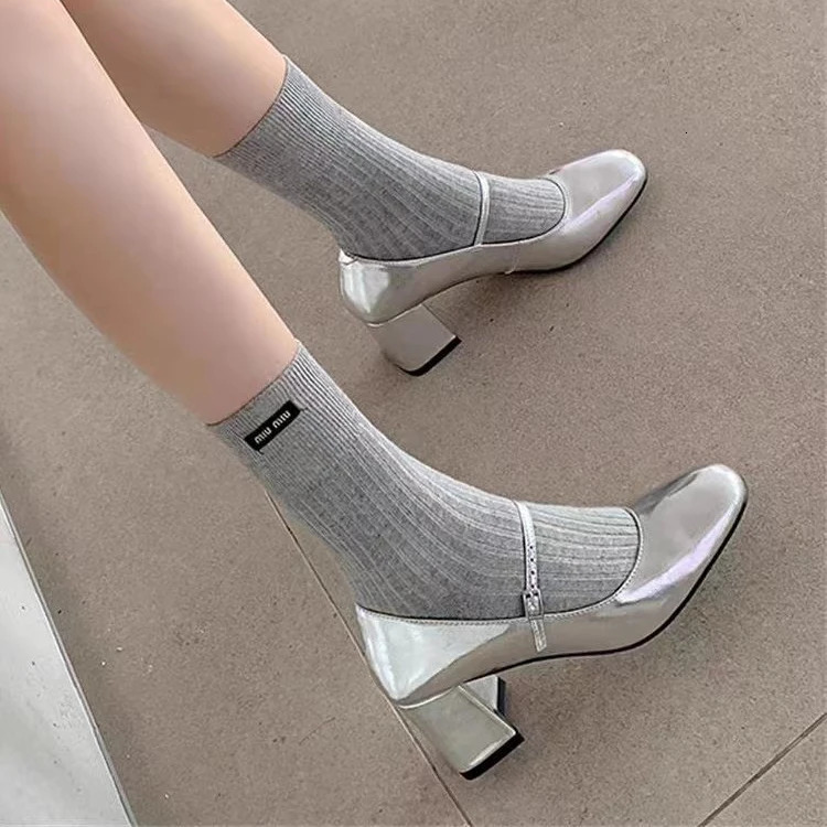 Silver Mary Jane Lolita Shoes Women Autumn Ankle Straps High Heels Pumps Woman Thick Heeled Patent Pu Leather Party Shoes 240617