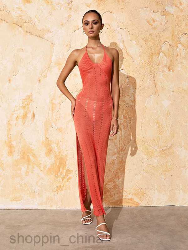 Basic Casual Women Dresses New Vacation Beach Skirt Women's Sexy Hanging Neck Hanging Strap Split Knitted Dress Bikini Cover up Skirt Women