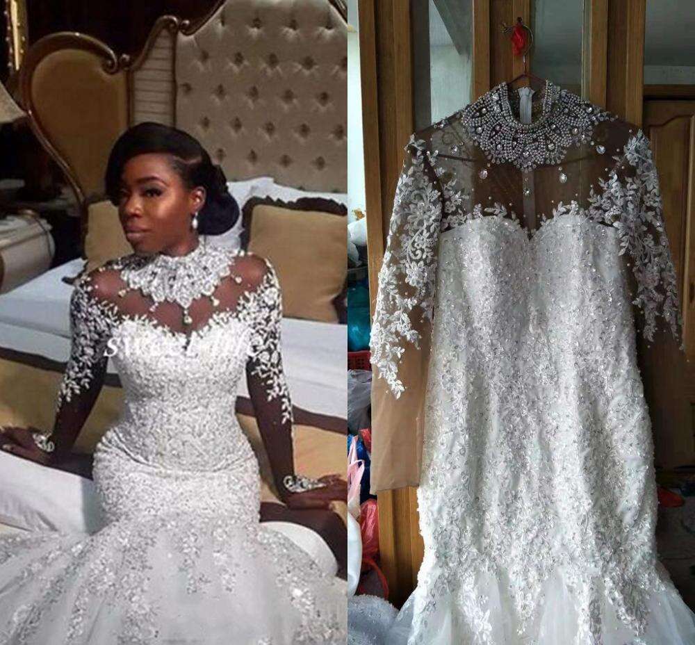 Africa Mermaid Wedding Dresses for Bride High Neck Long Sleeve Rhinestone Pearls Beading Appliques Bridal Gowns robes de mariee