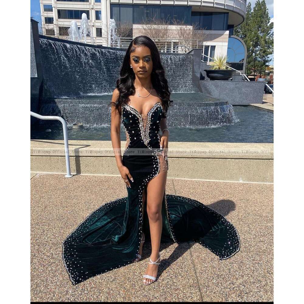Diamond Veet Mermaid Prom Dresses for Black Girls Sweet Heart Side Split Illusion Formal Ocn Dress Evening Party Gowns