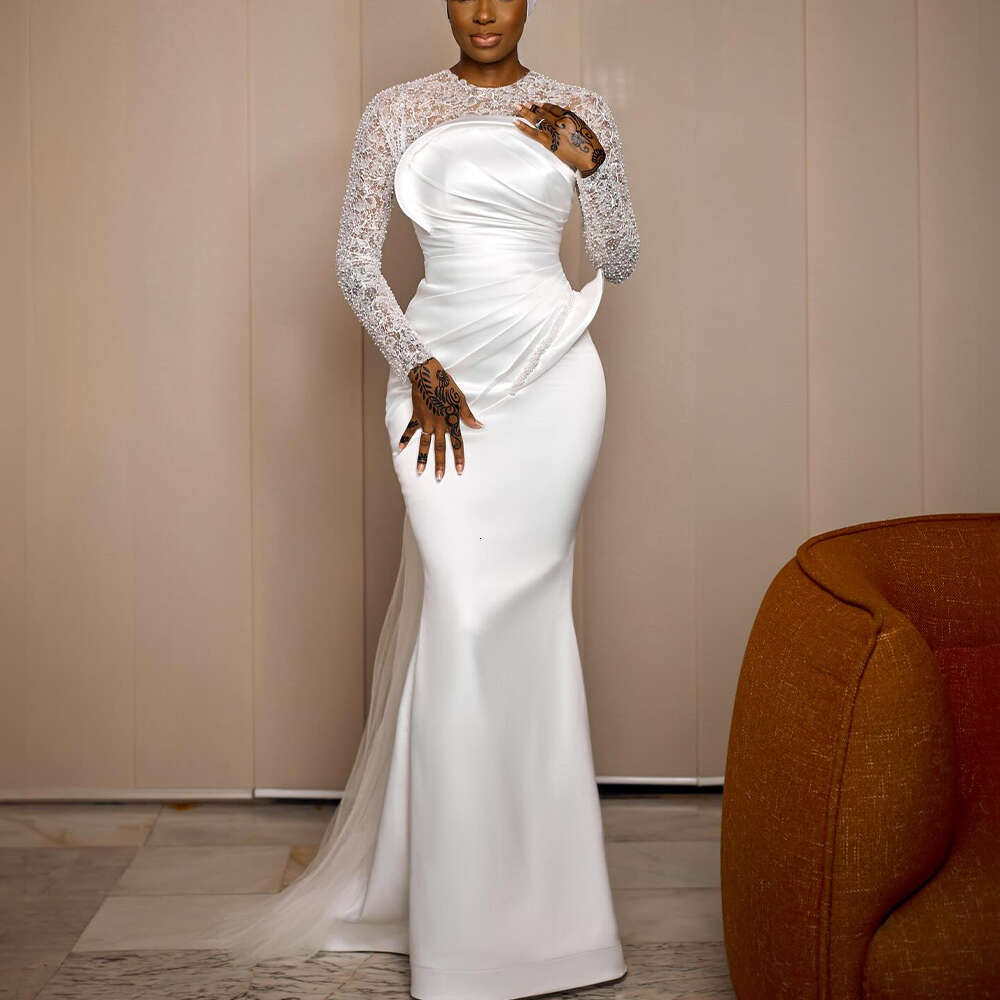 Aso Ebi White Mermaid special Dresses for Bride O Neck Long Sleeve Lace Pleats Beads African Bridal Gowns robes de mariee