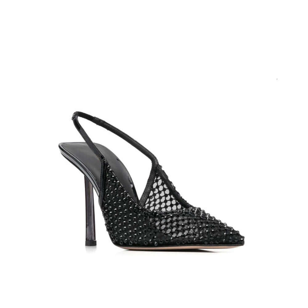 2024Women's Summer New Water Diamond Mesh Transparent High Sandals Pointed Head Large Size Thin Heel Shoes Women's