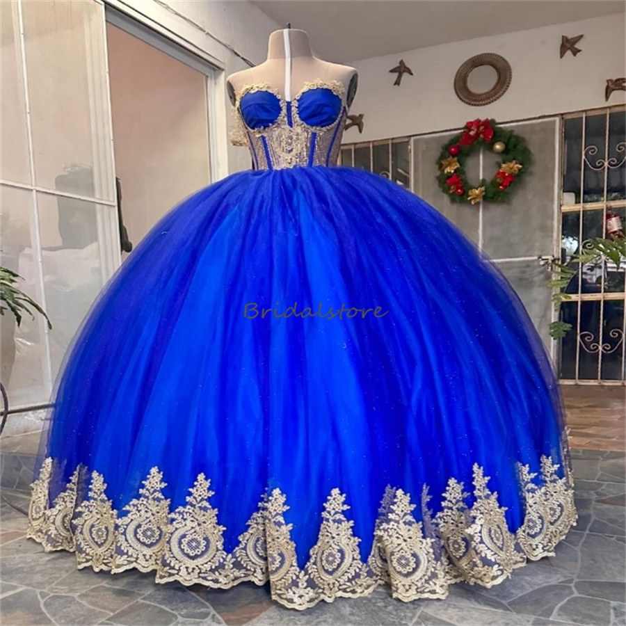 Vintage Royal Blue Quinceanera Dresses With Gold Appliques Sweetehart Ball Gown Fifteen Party Gowns Vestidos De 15 Anos Xv Lujo Sweet 16 Birthday Dres