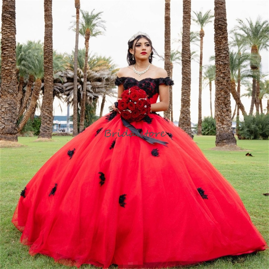 Mexican Red With Black Quinceanera Dresses 2024 Charro Off Shoulder Flowers Lace Vestidos De 15 Anos Xv Lujo Sixteen Birthday Party Gown Beaded Robe D