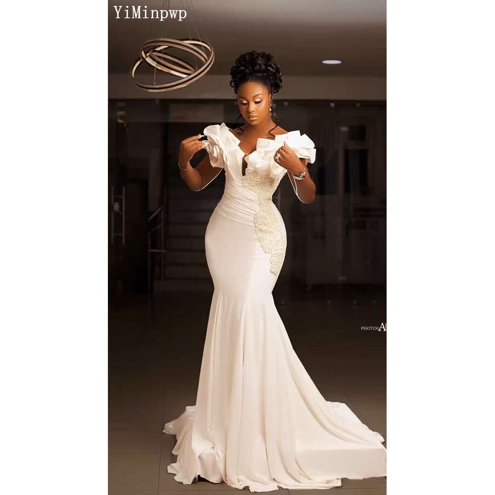 Elegant Mermaid special Dresses for Bride Off Shoulder Corset Back Sweep Train Pleats Beads Aso ebi Garden Country Bridal Gowns