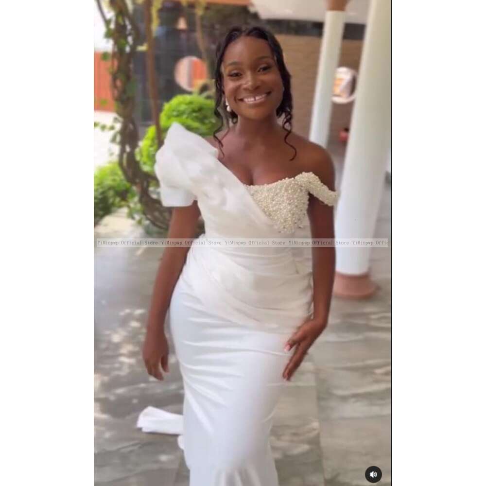 African Satin Mermaid special Dresses for Young Bride Off Shoulder Corset Pearls Beading Pleats Garden Summer Bridal Gowns