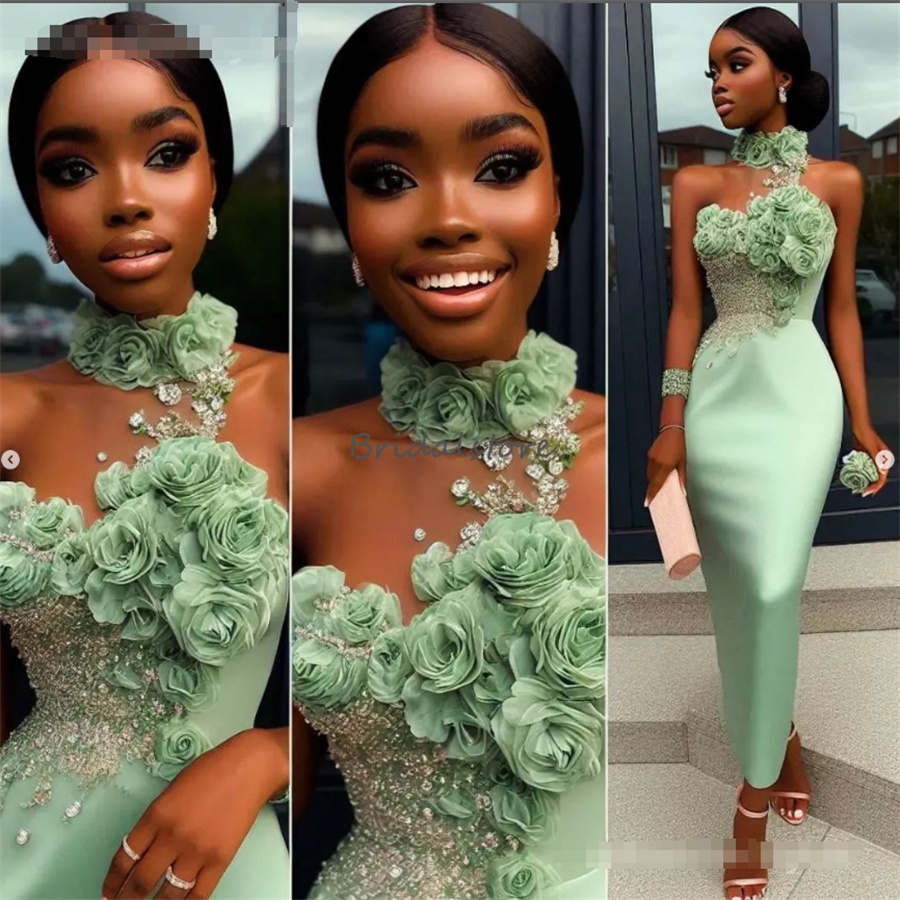 Sage Green Nigeria African Prom Dresses Aso Ebi 2024 Satin 3D Florals Midi Evening Dress For Black Women Beaded Crystal Cocktail Party Formal Vestios 