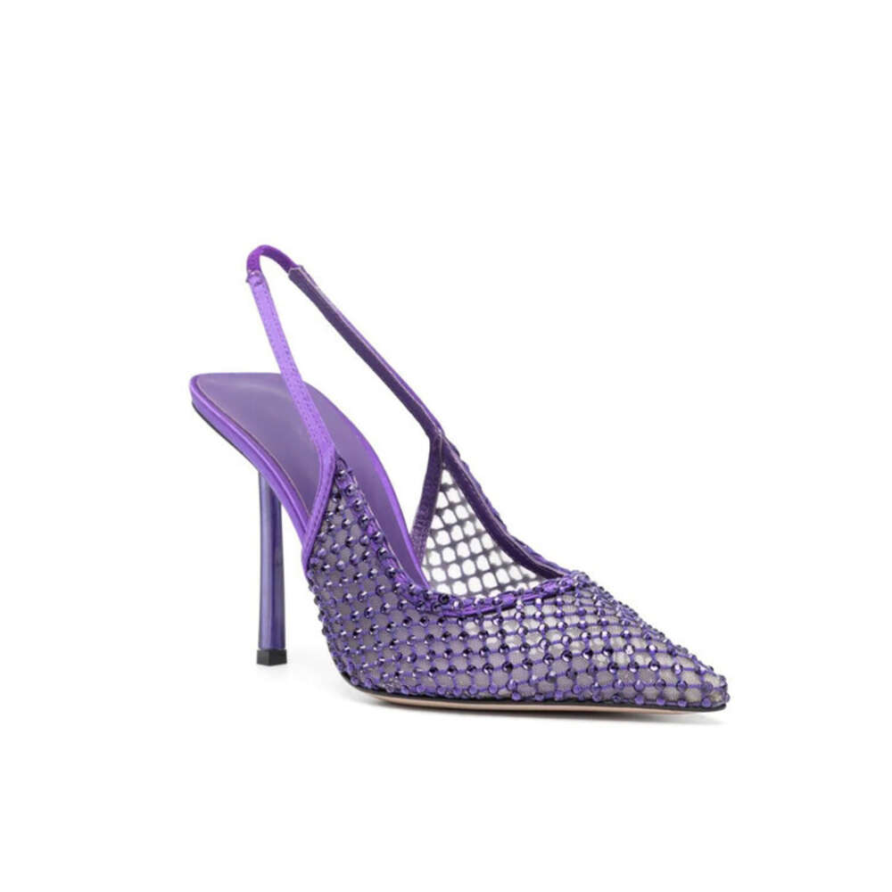 2024Women's Summer New Water Diamond Mesh Transparent High Sandals Pointed Head Large Size Thin Heel Shoes Women's