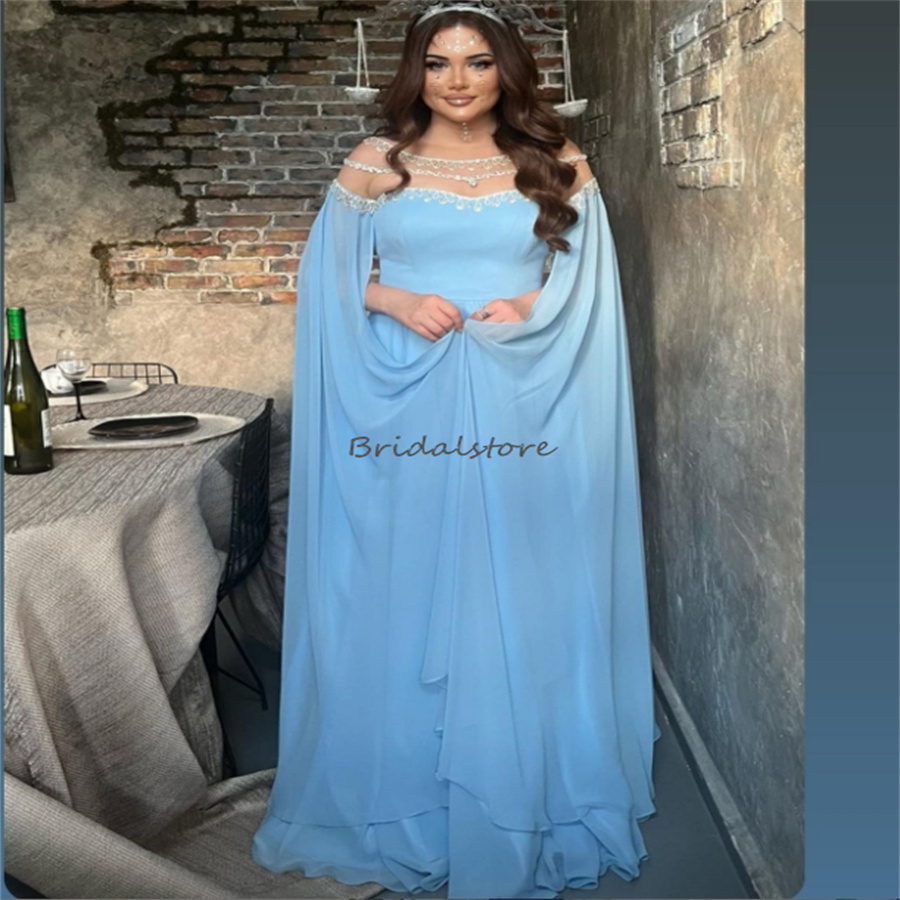 Eleagnt Abaya Dubai Arabic Evening Dress2024 With Crystal Moroccan Kaftan Blue Kosovo Prom Dress Chiffon Formal Birthday Gown Caftan Sleeves Reception
