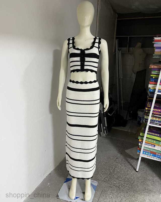 Two Piece Dress Sets Striped Casual Tank Top Beach Bohemian Style Contrast Color Long Skirt Knitted Set for Women