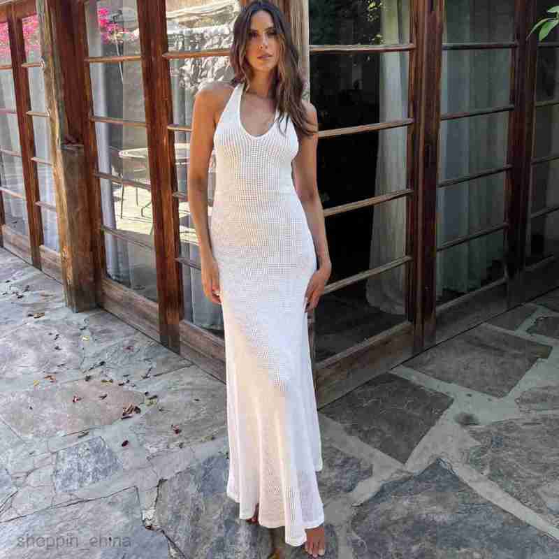 Basic Casual Women Dresses Internet Eye Style Beach Cloth Hanging Neck Holiday Sexy Long Dress Knitted Hollow out Long Dress Summer Girl