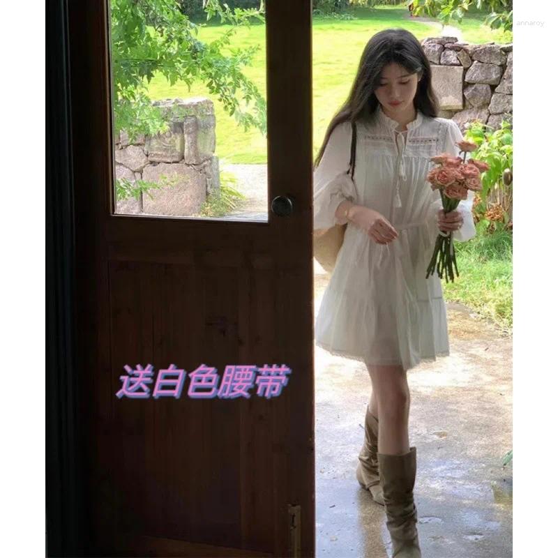 Casual Dresses Lace Hollow Waist Doll Princess Dress Long Sleeve White Female Design Sense Small Holiday Fairy Skirt