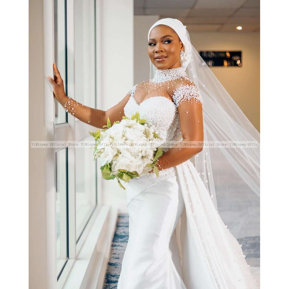 Aso Ebi Mermaid special Dresses with Detachable Train High Neck Long Sleeves See Through Beading Africa Chapel Bridal Gowns