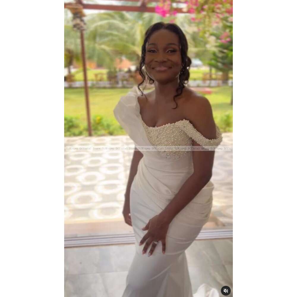 African Satin Mermaid special Dresses for Young Bride Off Shoulder Corset Pearls Beading Pleats Garden Summer Bridal Gowns