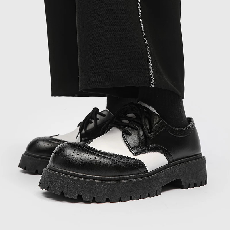 Strongshen mens casual and fashionable shoes handcrafted Brogue leather business shoes mens apartment black and white Oxford formal shoes 240615