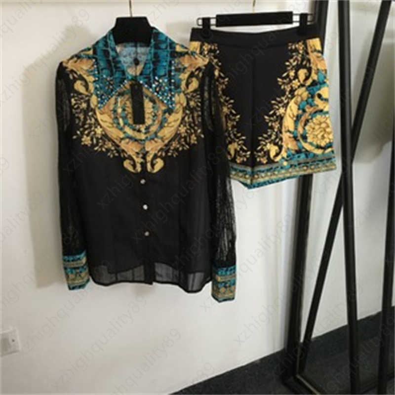 sets for women outfits fashion Vintage Floral print Rhinestones Lapel Long Sleeve Shirt High Waisted Shorts Sexy two piece suit