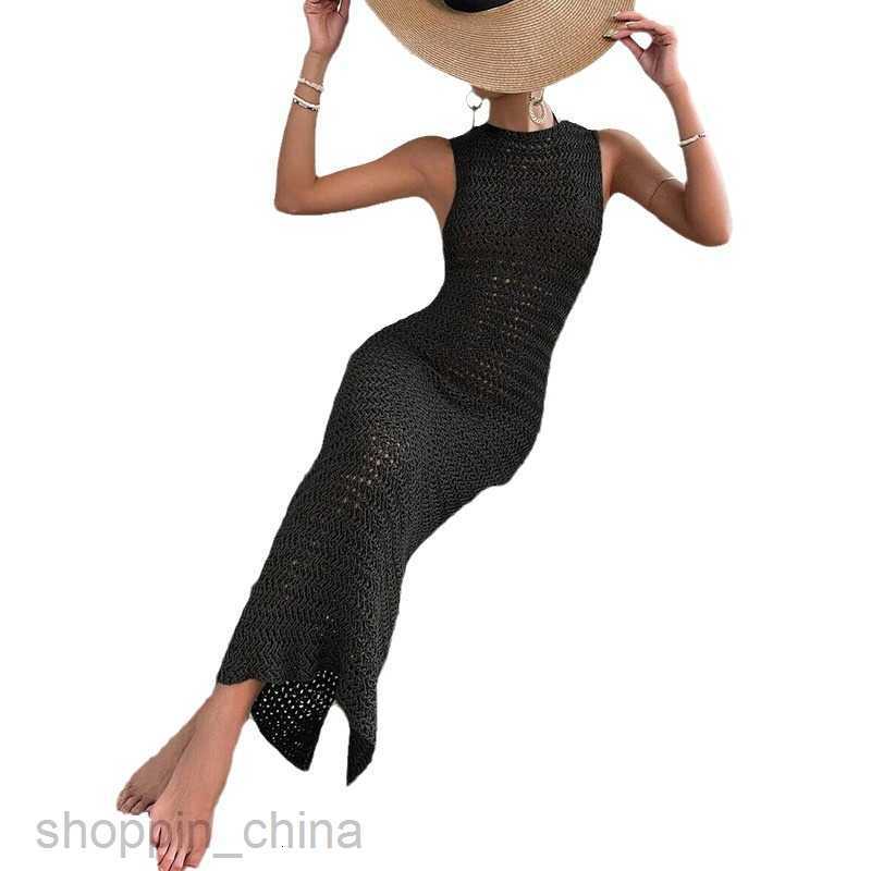 Basic Casual Women Dresses Summer New Beach Skirt Women's Solid Color Sexy Knitted Hollow Beach Swimsuit Cover Up Split Dress