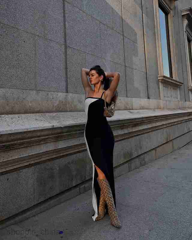 Basic Casual Women Dresses Core spun yarn women's fashion suspender bra black and white patchwork contrast color slimming one step split skirt dr