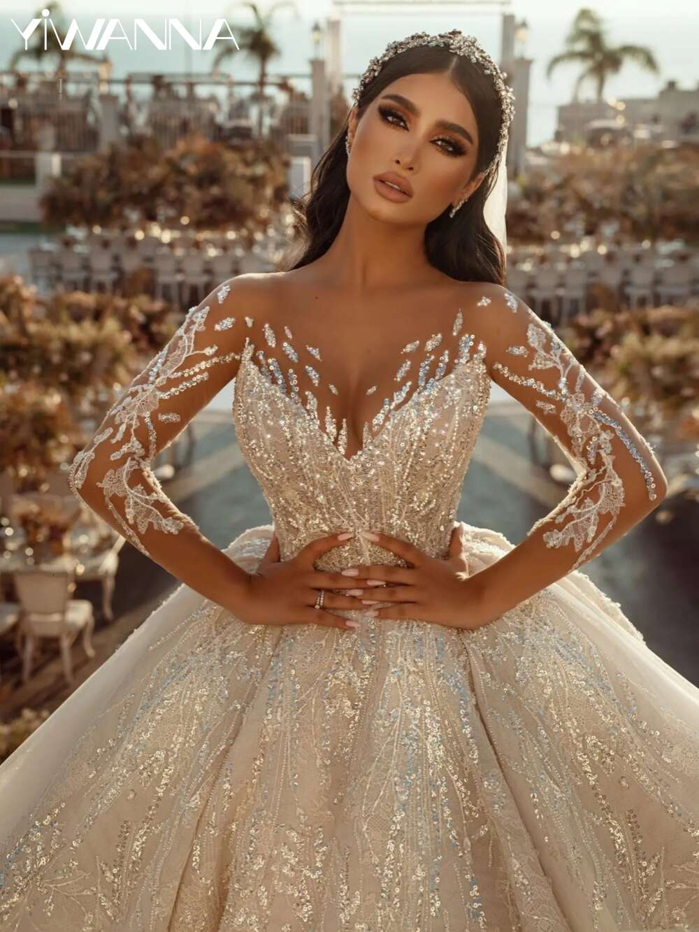Modest O-neck Long Sleeve Dress Sparkly Sequins Beads Wedding 2024 Lace Ball Gown Bride Robe Vestido De Novia