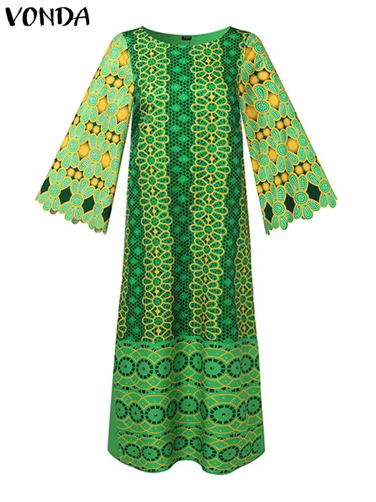 VODA Bohemian Summer Print Maxi Sundress 2024 Womens Vintage Long sleeved Party Dress Loose Casual Tank Top Robe Womens 240530