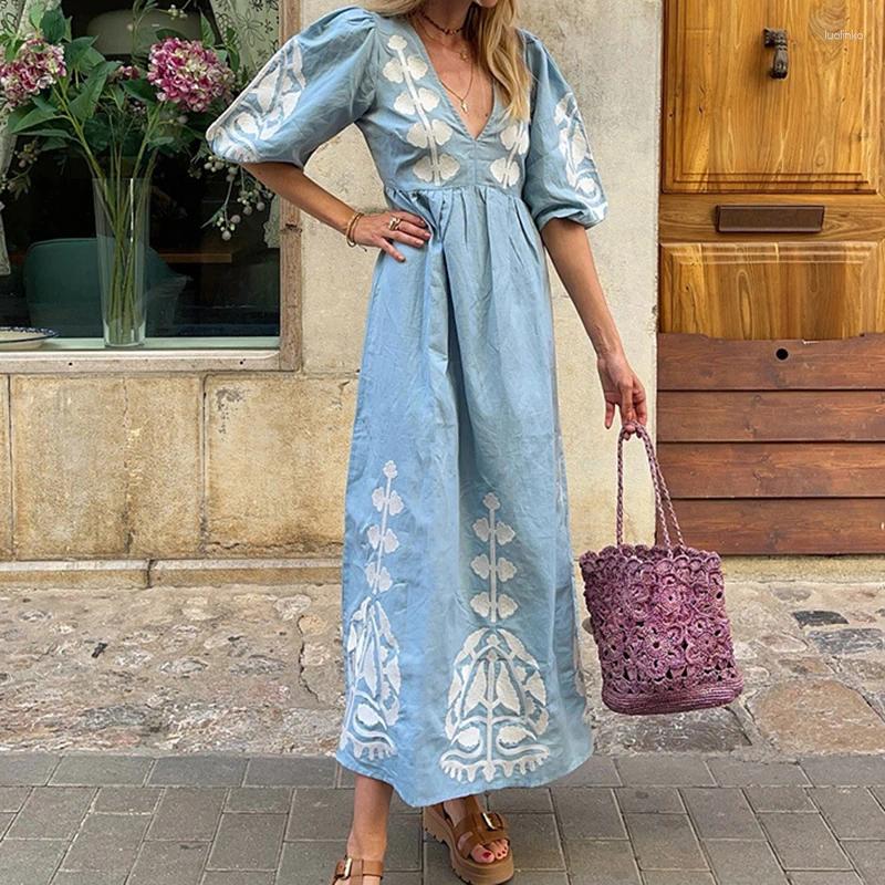 Party Dresses Sexy Deep V-neck Hollow Long Dress Women Spring Print High Waist A-Line Boho Summer Backless Lace-up Tassels