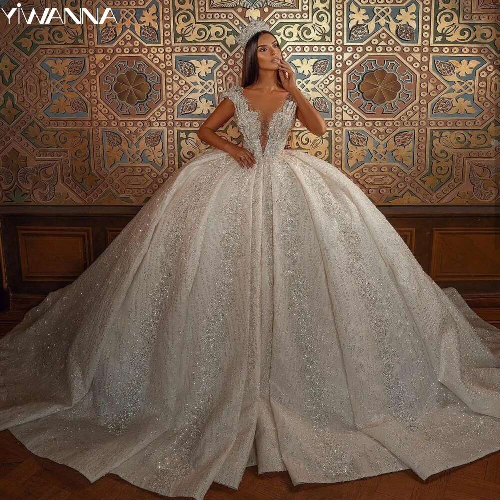 Sexy Deep V-neck Sleeveless Bridal Dress Sparkly Sequins Beads special Arabic Ball Gown Bride Robe Vestido De Novia