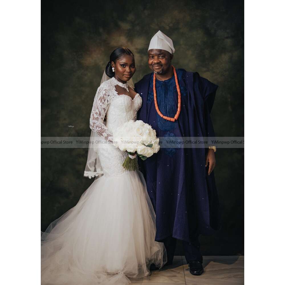 Mermaid African Wedding Dresses For Bride O Neck Long Sleeve Sweep Train Lace Beading Tulle Garden Country Bridal Gowns