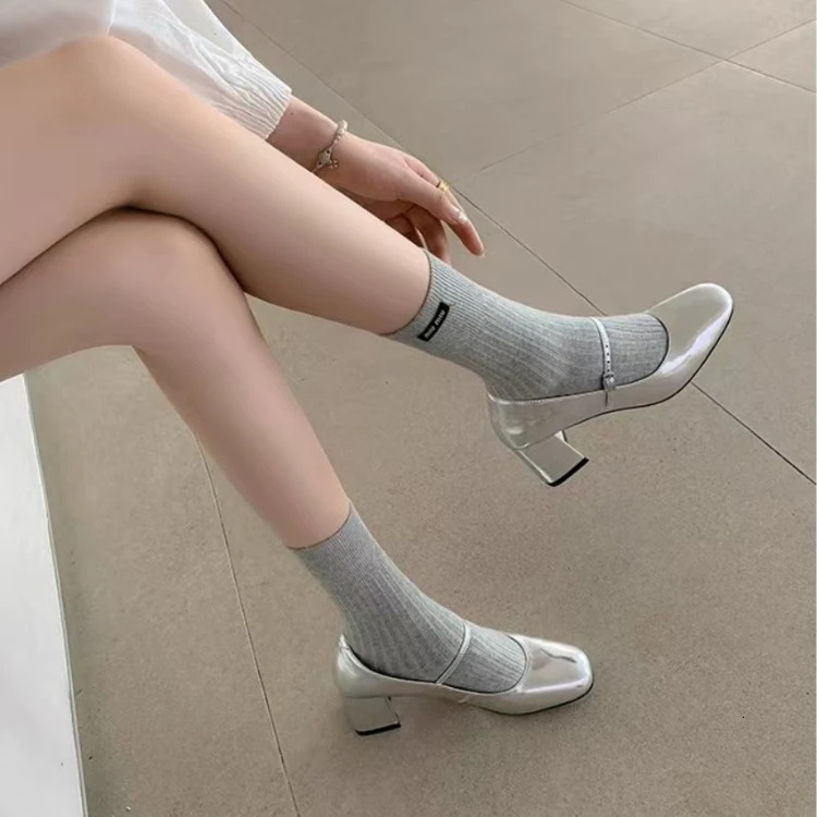 Silver Mary Jane Lolita Shoes Women Autumn Ankle Straps High Heels Pumps Woman Thick Heeled Patent Pu Leather Party Shoes 240617