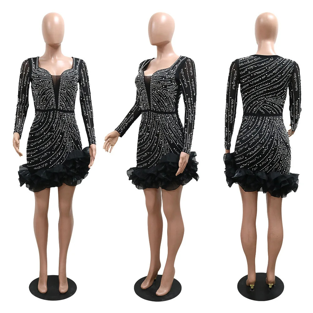 CM.YAYA Spring Women Long Sleeve Ruffles Drilling Bead Short Dress Sexy Night Club Evening Birthday Mini Dresses Vestidos 240617