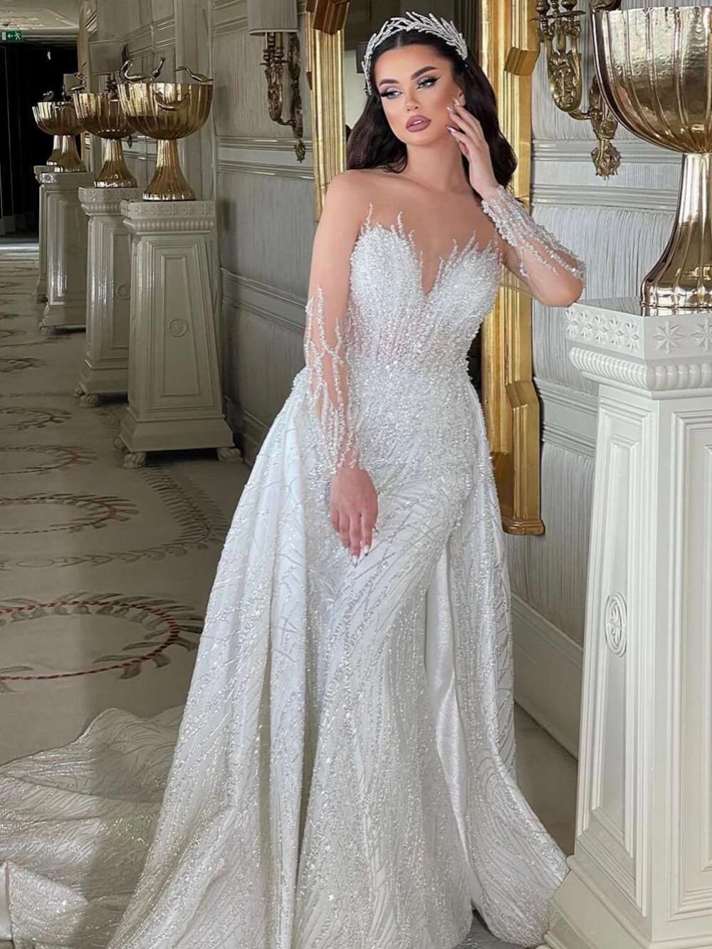 Modest Long Sleeve Bridal Dress Sparkly Sequins Beads Wedding Gown Mermaid Detachable tail Bride Robe Vestido De Novia