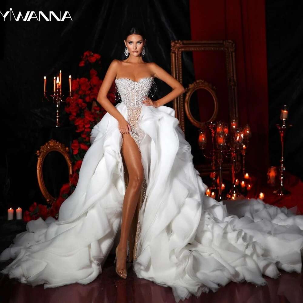 Sexy Side High Slit Bridal Dress Sparkly Pearls Wedding Gown Pleat Long With Detachable tail Bride Robe Vestido De Novia