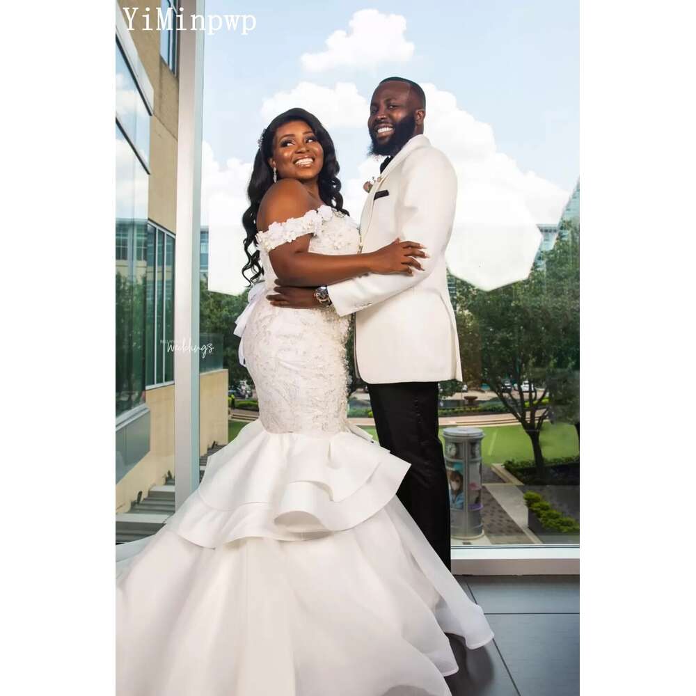 Off Shoulder Mermaid Wedding Dresses for Bride Sweet Heart Lace up Closure Cascading Ruffles Pearls Beads African Bridal Gowns