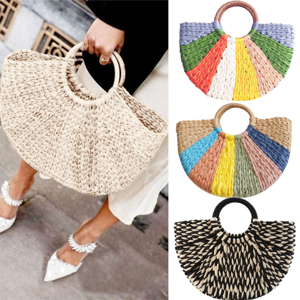 Colourful Women Handbag Rattan Wicker Straw Woven Half-round Bag Large Capacity Female Casual Travel Tote Fashion Bolsos H6.17#26 zhanyishengli