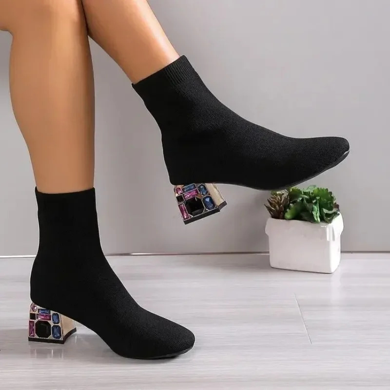 Womens Shoes Fashion High Heel Rhinestone Ankle Boots Comfortable Sliding Boots Womens Knitted Short Boots 2024 240615