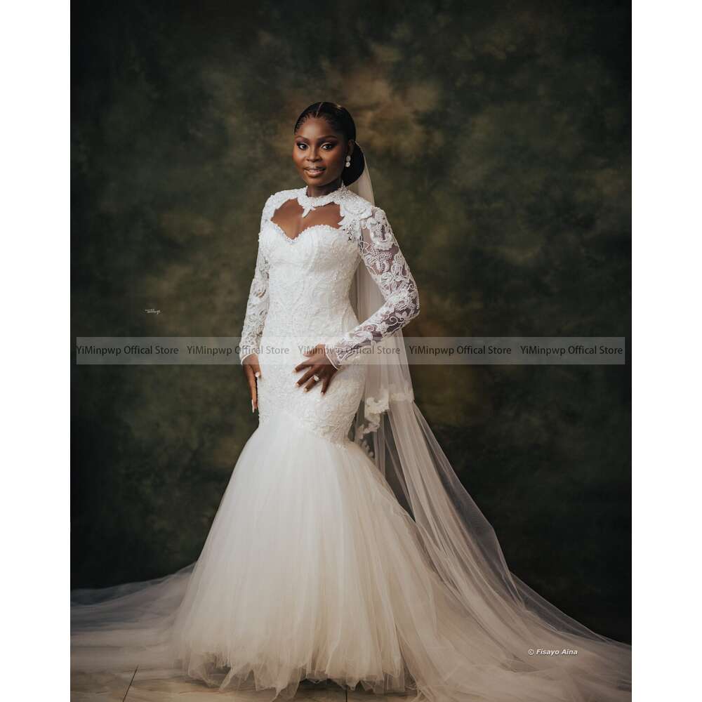 Mermaid African Wedding Dresses For Bride O Neck Long Sleeve Sweep Train Lace Beading Tulle Garden Country Bridal Gowns