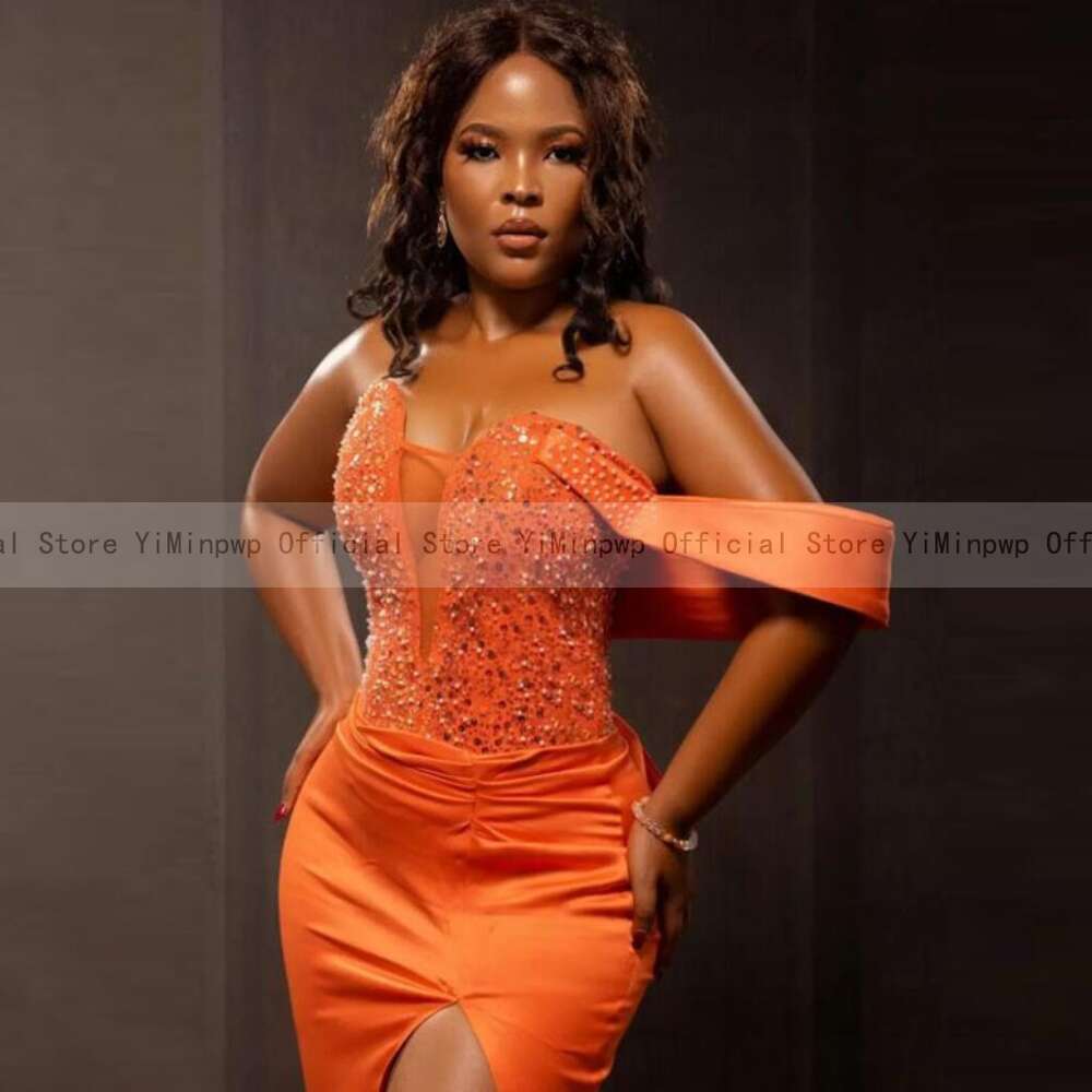 Orange Mermaid Prom Dresses for Black Girls Sweet Heart Side Split Beads Lady special Evening Party Gowns Formal Ocn Dress